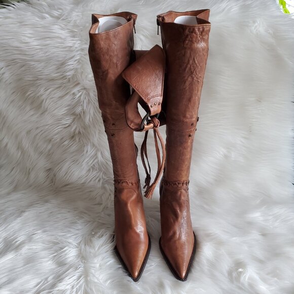 Andre' Cognac Leather Riding Studded Side Zipper Knee High Boot SZ 8 - Picture 4 of 16